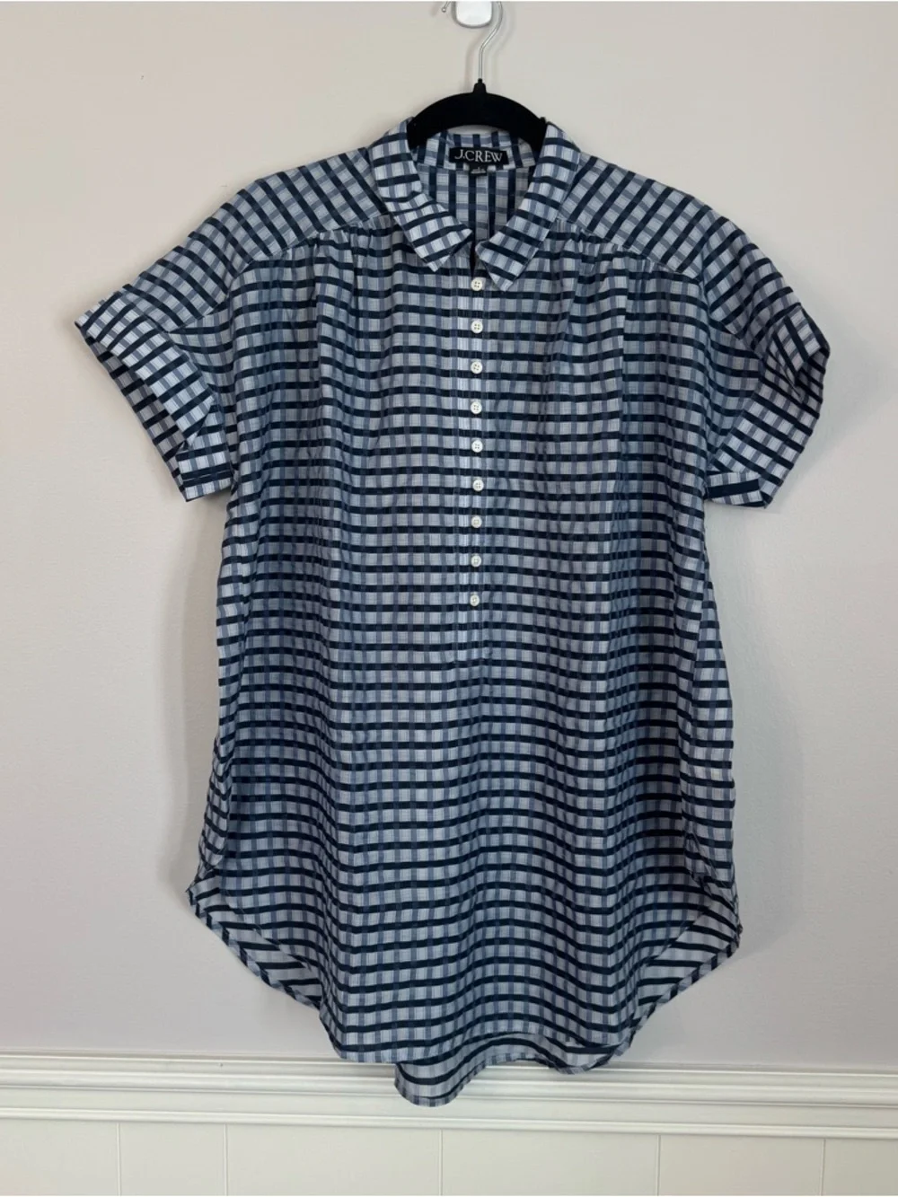 J. Crew Women’s Cap Sleeve Crinkled Tunic Beach Dress in Gingham Print Sz S NWT